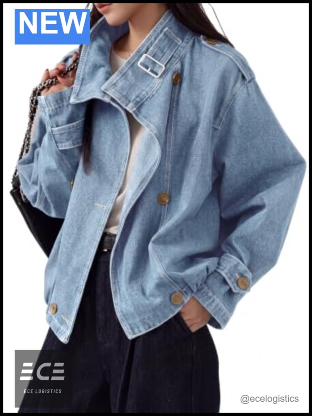 Womens Oversized Funnel Neck Button Up Denim Jacket Cotton Rich Casual Coat